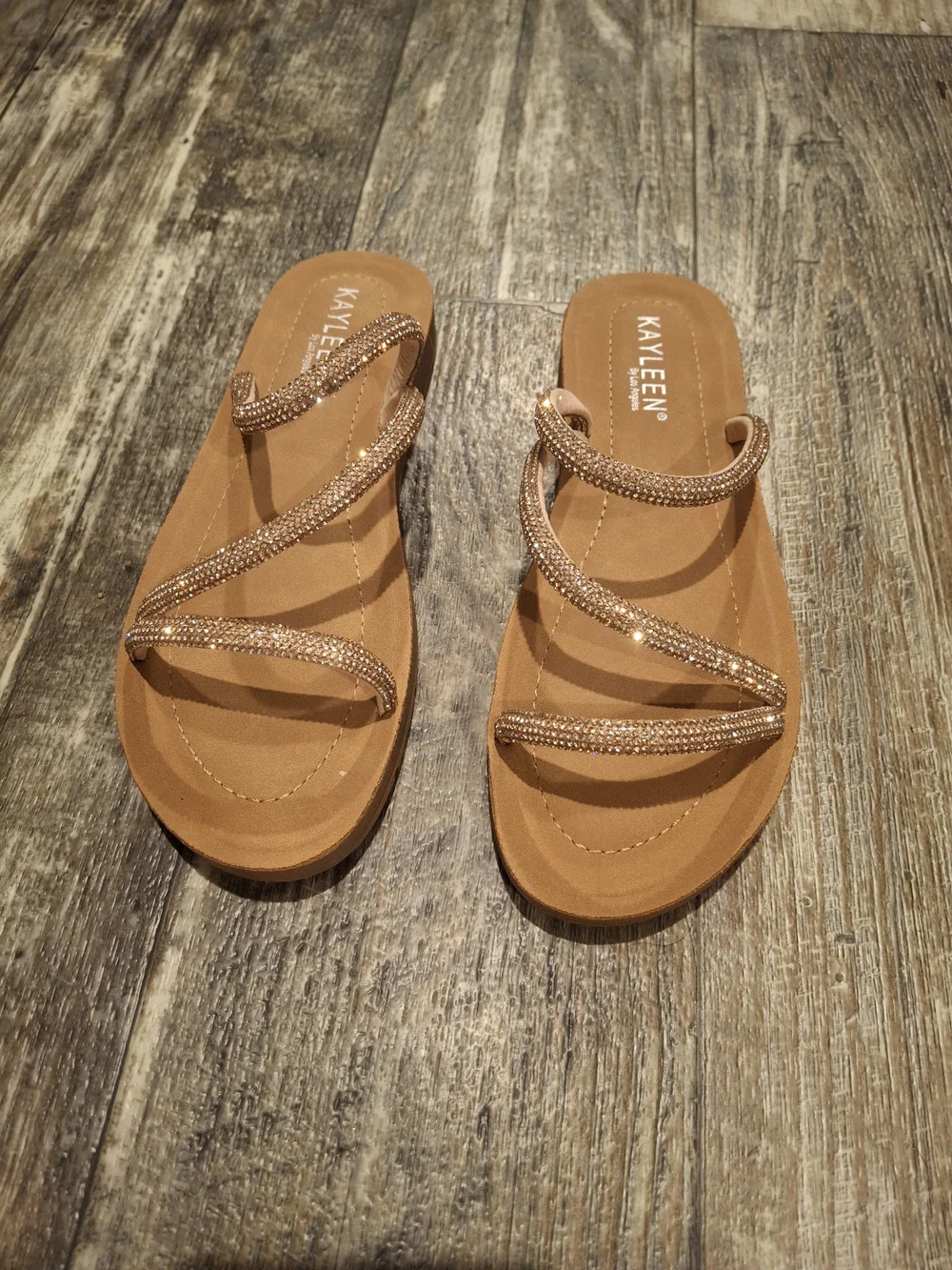 KAYLEEN By Los Angeles Rose Gold Crystal Strappy Slide Sandals
